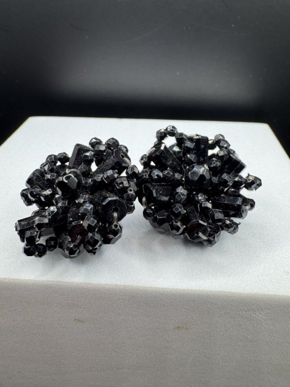 Vintage West Germany Black Glass Bead Cluster Clip-On Earrings Statement Mid Cen